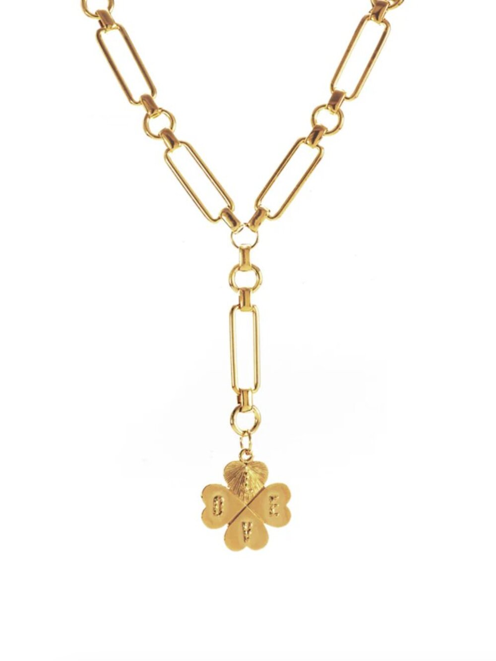 Love Clover Bold Link Lariat Necklace 24K Gold Plate NWOT - Picture 4 of 4